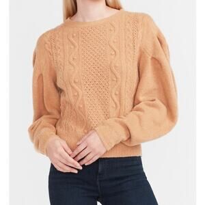 Express Bobble Cable Knit Puff Balloon Sleeve Tan Crewneck Soft Sweater NWT